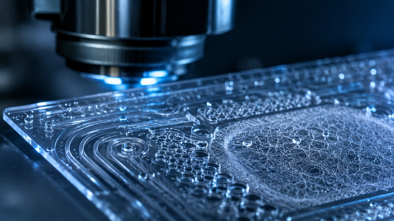 Macro view of a transparent BIQADX microfluidic carrier under an optical read head — concentric channel rings, microwell arrays, and a membrane region that route, confine, and condition the specimen