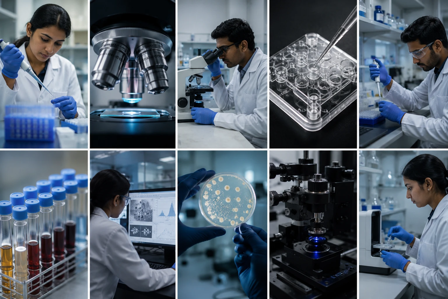 A montage of BIQADX researchers at work — pipetting samples, examining cultures under microscopes, preparing well plates, analysing blood samples, reviewing data, inspecting culture plates, and operating precision instruments in the laboratory